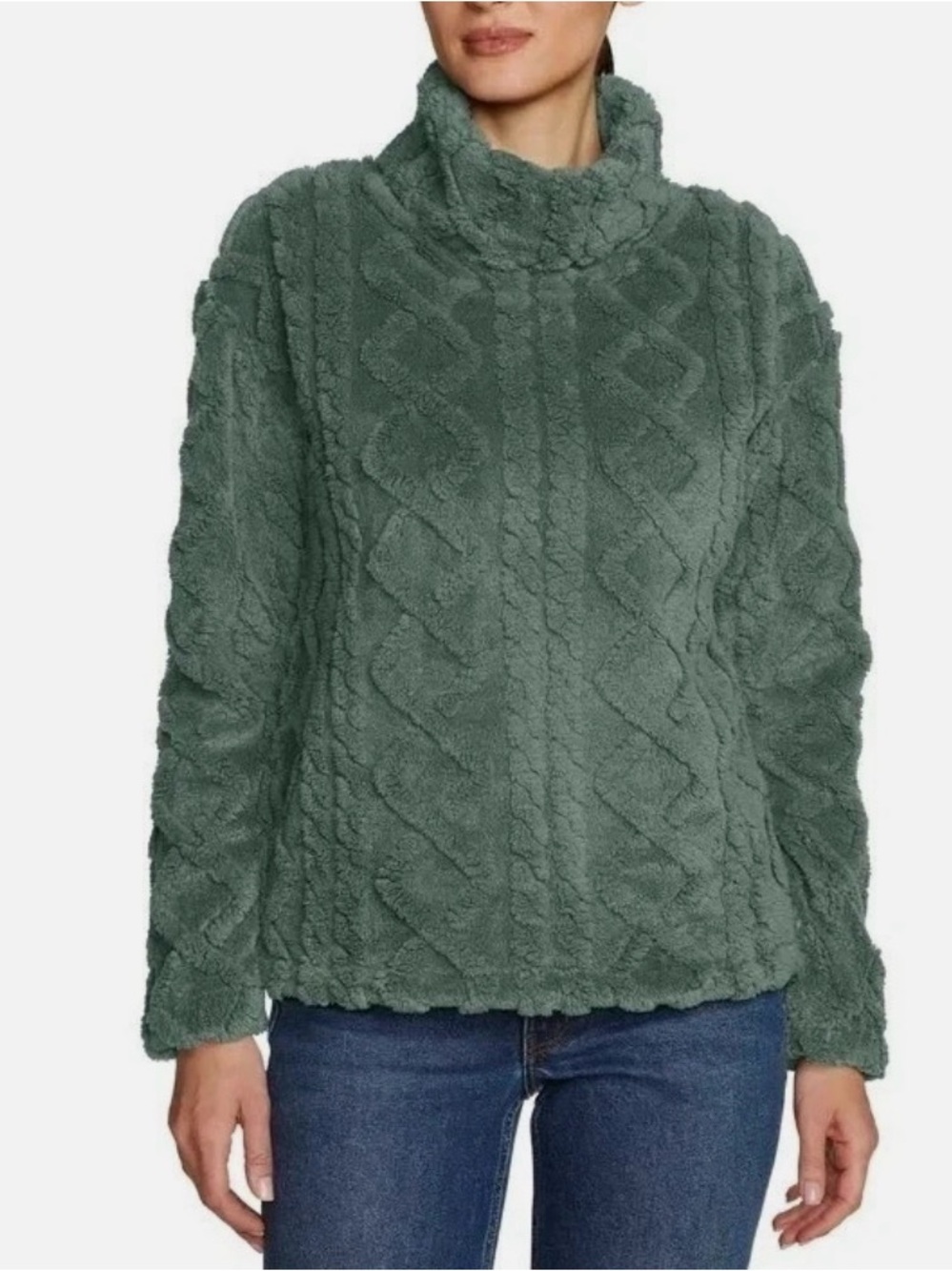 Eddie Bauer Size Small Green Cable Knit Fleece Pullover Sweater- Women